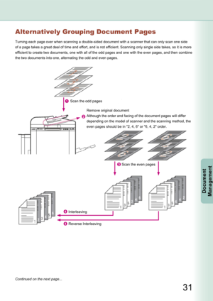 Page 31
31
Document Management
Continued on the next page...
Alternatively Grouping Document Pages
Turning each page over when scanning a double-sided document with a scanner that can only scan one side 
of a page takes a great deal of time and effort, and is not efficient. Scanning only single side takes, so it is more 
efficient to create two documents, one with all of the odd pages and one with the even pages, and then combine 
the two documents into one, alternating the odd and even pages.
Scan the odd...