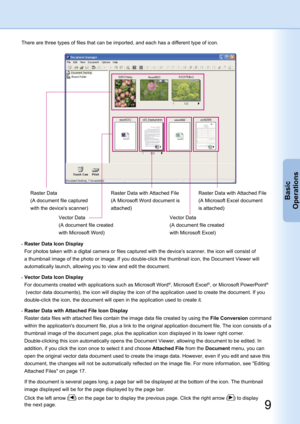 Page 9
8
Basic
Operations

9
Basic
Operations

There are three types of files that can be imported, and each has a different type of icon.
Raster Data
(A document file captured 
with the device's scanner)
Raster Data with Attached File
(A Microsoft Word document is 
attached)
Raster Data with Attached File
(A Microsoft Excel document 
is attached)
Vector Data
(A document file created 
with Microsoft Word)
Vector Data
(A document file created 
with Microsoft Excel)
 Raster Data Icon Display
 For photos...