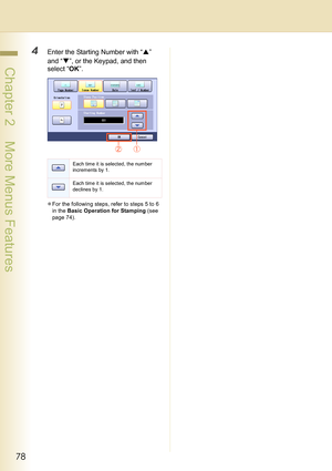 Page 7878
 Chapter 2    More Menus Features
4Enter the Starting Number with “S” 
and “T”, or the Keypad, and then 
select “OK”.
zFor the following steps, refer to steps 5 to 6 
in the Basic Operation for Stamping (see 
page 74).
Each time it is selected, the number 
increments by 1.
Each time it is selected, the number 
declines by 1. 