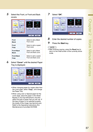 Page 8787
 Chapter 2    More Menus Features
5Select the Front, or Front and Back 
covers.
6Select “Cover” until the desired Paper 
Tray is displayed.
zWhen changing paper for copies other than 
the cover page, select “Copy”, and change 
the Paper Tray.
zWhen using color or Special paper for the 
cover page, place the paper in the Sheet 
Bypass or any tray beforehand, and also 
select the type of paper that you will use. If 
the type of paper is not selected properly, 
the quality of the image may become poor....