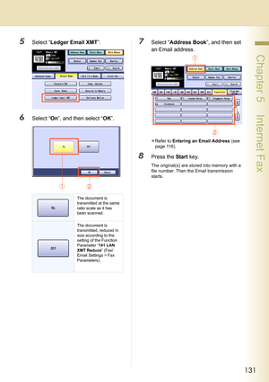 Page 131131
 Chapter 5    Internet Fax
5Select “Ledger Email XMT”.
6Select “On”, and then select “OK”.
7Select “Address Book”, and then set 
an Email address.
zRefer to Entering an Email Address (see 
page 116).
8Press the Start key.
The original(s) are stored into memory with a 
file number. Then the Email transmission 
starts.
The document is 
transmitted at the same 
ratio scale as it has 
been scanned.
The document is 
transmitted, reduced in 
size according to the 
setting of the Function 
Parameter “141...