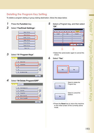 Page 193193
 Chapter 7    Program Destinations/Program Keys
Deleting the Program Key Setting
To delete a program dialing or group dialing destination, follow the steps below.
1Press the Function key.
2Select “Fax/Email Settings”.
3Select “01 Program Keys”.
4Select “04 Delete Program/GRP”.
5Select a Program key, and then select 
“OK”.
zSelect the same button again to cancel the 
choice.
6Select “Ye s”.
zPress the Reset key to return the machine 
to the initial screen of the currently active 
mode.
Select to...