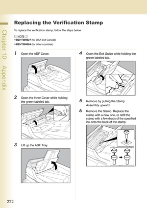 Page 222222
 Chapter 10    Appendix
Chapter 10
Appendix
Replacing the Verification Stamp
To replace the verification stamp, follow the steps below.
zDZHT000027 (for USA and Canada)
zDZHT000004 (for other countries)
1Open the ADF Cover.
2Open the Inner Cover while holding 
the green-labeled tab.
3Lift up the ADF Tray.
4Open the Exit Guide while holding the 
green-labeled tab.
5Remove by pulling the Stamp 
Assembly upward.
6Remove the Stamp. Replace the 
stamp with a new one, or refill the 
stamp with a few drops...