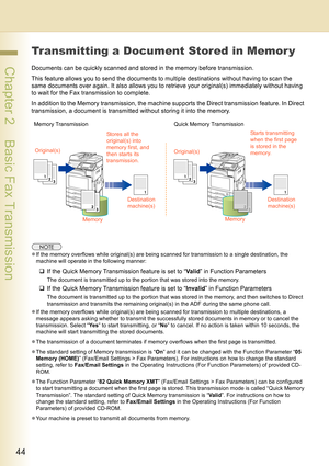 Page 4444
 Chapter 2    Basic Fax Transmission
Transmitting a Document Stored in Memor y
Documents can be quickly scanned and stored in the memory before transmission.
This feature allows you to send the documents to multiple destinations without having to scan the 
same documents over again. It also allows you to retrieve your original(s) immediately without having 
to wait for the Fax transmission to complete.
In addition to the Memory transmission, the machine supports the Direct transmission feature. In...