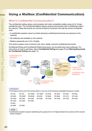 Page 6868
 Chapter 3    Convenient Fax Features
Using a Mailbox (Confidential Communication) 
What is Confidential Communication?
The confidential mailbox allows communication with other compatible models using a 8 to 16-digit 
confidential code. The Confidential Mailbox feature receives document(s) with a confidential code in 
the memory. These documents can only be printed by the person who has the correct confidential 
code.
• A confidential reception report is printed whenever confidential documents are...