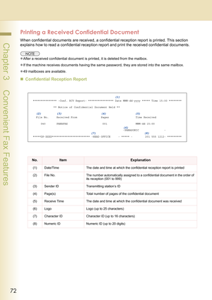 Page 7272
 Chapter 3    Convenient Fax Features
Printing a Received Confidential Document
When confidential documents are received, a confidential reception report is printed. This section 
explains how to read a confidential reception report and print the received confidential documents.
zAfter a received confidential document is printed, it is deleted from the mailbox.
zIf the machine receives documents having the same password, they are stored into the same mailbox.
z49 mailboxes are available.
„Confidential...