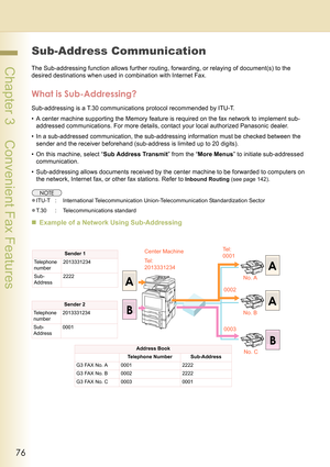 Page 7676
 Chapter 3    Convenient Fax Features
Sub-Address Communication
The Sub-addressing function allows further routing, forwarding, or relaying of document(s) to the 
desired destinations when used in combination with Internet Fax.
What is Sub-Addressing?
Sub-addressing is a T.30 communications protocol recommended by ITU-T.
• A center machine supporting the Memory feature is required on the fax network to implement sub-
addressed communications. For more details, contact your local authorized Panasonic...