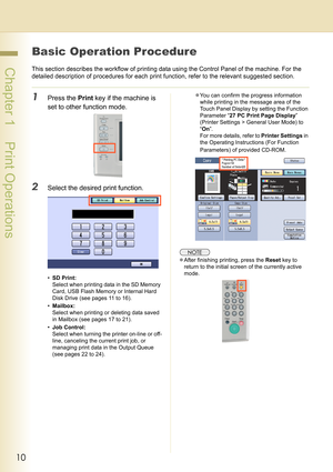 Page 1010
 Chapter 1    Print Operations
Basic Operation Procedure
This section describes the workflow of printing data using the Control Panel of the machine. For the 
detailed description of procedures for each print function, refer to the relevant suggested section.
1Press the Print key if the machine is 
set to other function mode.
2Select the desired print function.
•SD Print:
Select when printing data in the SD Memory 
Card, USB Flash Memory or Internal Hard 
Disk Drive (see pages 11 to 16).
•Mailbox:...