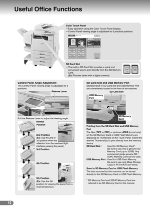 Page 1212
Useful Office Functions
Color Touch Panel
  Easy operation using the Color Touch Panel Display.
  Control Panel viewing angle is adjustable to 5 practical positions.
SD Card Slot
  The built-in SD Card Slot provides a quick and 
convenient way to print directly from the SD Memory 
Card. 
(Ex: Pictures taken with a digital camera)
Control Panel Angle Adjustment
The Control Panel viewing angle is adjustable to 5 
positions.
Pull the Release Lever to adjust the viewing angle.
Normal 
Position
2nd...