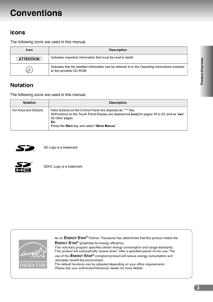 Page 33
Product Overview
Icons
The following icons are used in this manual.
Notation
The following icons are used in this manual.
IconDescription
Indicates important information that must be read in detail. 
Indicates that the detailed information can be referred to in the Operating Instructions included 
in the provided CD-ROM.
NotationDescription
For Keys and Buttons Hard buttons on the Control Panel are depicted as **** key.
Soft buttons on the Touch Panel Display are depicted as [xxx] for pages 16 to 23,...