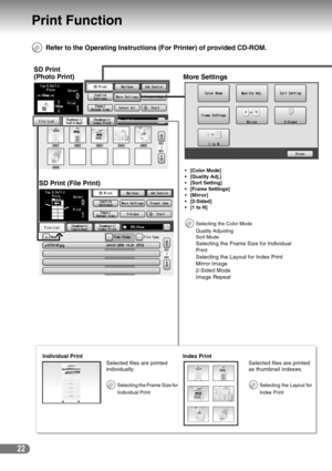 Page 2222
Print Function
SD Print
(Photo Print)
SD Print (File Print)
Individual Print
More Settings
Selected files are printed 
individually.
Selecting the Frame Size for 
Individual Print
Index Print
[Color Mode]
 [Quality Adj.] 
 [Sort Setting]
 [Frame Settings]
[Mirror]
 [2-Sided]
[1 to N]
Selecting the Color Mode
Quality Adjusting
Sort Mode
Selecting the Frame Size for Individual 
Print
Selecting the Layout for Index Print
Mirror Image
2-Sided Mode
Image Repeat
Selected files are printed 
as...