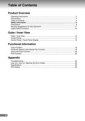 Page 44
Product Overview
Operating Instructions .................................................................................................... 2
Conventions....................................................................................................................3
Table of Contents ........................................................................................................... 4
Safety Information...