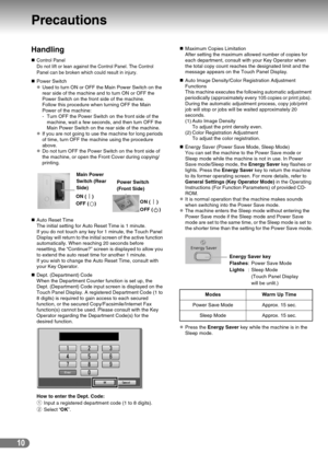 Page 1010
Precautions
Handling
„Control Panel
Do not lift or lean against the Control Panel. The Control 
Panel can be broken which could result in injury.
„Power Switch
zUsed to turn ON or OFF the Main Power Switch on the 
rear side of the machine and to turn ON or OFF the 
Power Switch on the front side of the machine.
Follow this procedure when turning OFF the Main 
Power of the machine:
- Turn OFF the Power Switch on the front side of the 
machine, wait a few seconds, and then turn OFF the 
Main Power...