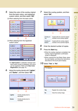 Page 7979
 Chapter 2    More Menus Features
5Select the color of the overlay original 
from the basic colors, and registered 
custom colors, and then select “OK”.
‰When selecting from the basic colors
‰When selecting from the registered 
custom colors
zIf “Add Custom” is selected, Change Color 
Add Custom screen is displayed, and colors 
can be registered. Refer to the New Color 
Registration (see page 14)
6Adjust the overlay density with “Lighter”, 
and “
Darker”, and then select “OK”.
7Select the overlay...