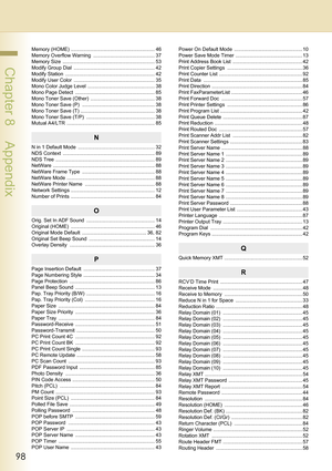 Page 9898
 Chapter 8    Appendix
Memory (HOME) ............................................................ 46
Memory Overflow Warning  ............................................ 37
Memory Size  .................................................................. 53
Modify Group Dial  .......................................................... 42
Modify Station  ................................................................ 42
Modify User Color  .......................................................... 35...