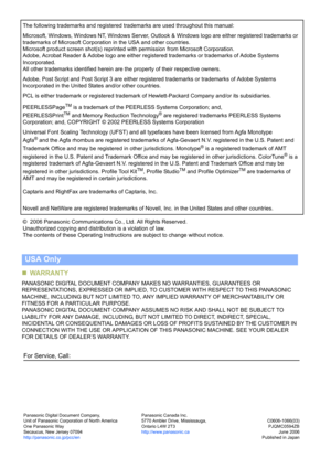 Page 100For Service, Call:
The following trademarks and registered trademarks are used throughout this manual:
Microsoft, Windows, Windows NT, Windows Server, Outlook & Windows logo are either registered trademarks or 
trademarks of Microsoft Corporation in the USA and other countries.
Microsoft product screen shot(s) reprinted with permission from Microsoft Corporation.
Adobe, Acrobat Reader & Adobe logo are either registered trademarks or trademarks of Adobe Systems 
Incorporated.
All other trademarks...