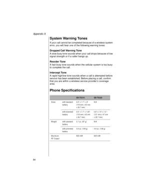 Page 96Appendix A
84    
System Warning Tones
If your call cannot be completed because of a wireless system 
error, you will hear one of the following warning tones:
Dropped Call Warning Tone
A slow busy tone sounds when your call drops because of low 
signal strength or if a caller hangs up.
Reorder Tone
A fast busy tone sounds when the cellular system is too busy 
to complete the call.
Intercept Tone
A rapid high/low tone sounds when a call is attempted before 
service has been established. Before placing a...