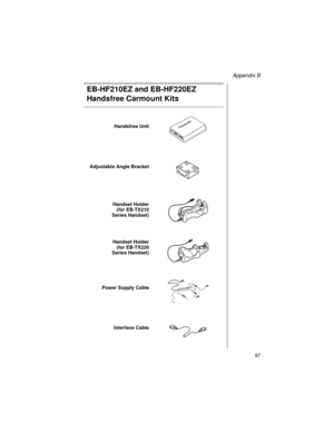 Page 99Appendix B
    87
EB-HF210EZ and EB-HF220EZ
Handsfree Carmount Kits
Handsfree Unit
Adjustable Angle Bracket
Handset Holder
(for EB-TX210
Series Handset)
Handset Holder
(for EB-TX220
Series Handset)
Power Supply Cable
Interface Cable 