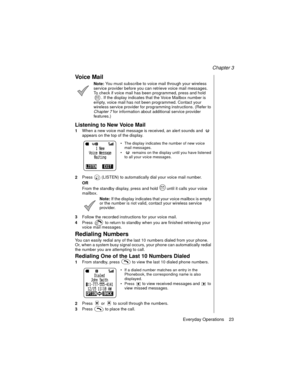 Page 35Chapter 3
Everyday Operations    23
Vo i c e  M a i l
Note: You must subscribe to voice mail through your wireless 
service provider before you can retrieve voice mail messages. 
To check if voice mail has been programmed, press and hold 
. If the display indicates that the Voice Mailbox number is 
empty, voice mail has not been programmed. Contact your 
wireless service provider for programming instructions. (Refer to 
Chapter 7
 for information about additional service provider 
features.)
Listening to...