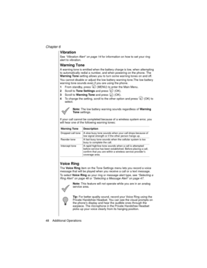 Page 60Chapter 6
48    Additional Operations
Vibration
See “Vibration Alert” on page 14
 for information on how to set your ring 
alert to vibration.
Warning Tone
A warning tone is emitted when the battery charge is low, when attempting 
to automatically redial a number, and when powering on the phone. The 
Warning Tone setting allows you to turn some warning tones on and off. 
You cannot disable or adjust the low battery warning tone.The low battery 
warning tone sounds even if you are using the phone.
1From...