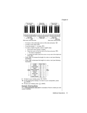 Page 63Chapter 6
Additional Operations    51
-To erase a note, place the cursor on the note and press .
-To enter a rest, press  .
-To set the tempo (1 - 4), press  .
-To make a triplet of quarter notes or eighth notes:
1 Enter three notes (quarter or eighth).
2 Place the cursor on the first note of the three and press  .
The triplet is highlighted.
3 To release the triplet, place the cursor on any note of the triplet and 
press .
-Press   to increase the length of a note or rest (see following...