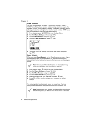 Page 70Chapter 6
58    Additional Operations
DTMF Duration
The tone you hear when you press a key on your keypad is called a 
“DTMF” tone. Most phone services and answering machines require the 
phone to transmit this tone when a digit key is pressed. This menu setting 
allows you to shorten or lengthen the time the tone is emitted. DTMF tones 
are transmitted even when key tones are turned off.
1From standby, press   (MENU) to enter the Main Menu. 
2Scroll to 
Phone Settings and press   (OK).
3Scroll to...