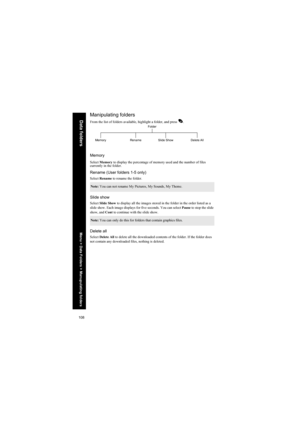 Page 108108
Data foldersManipulating folders
From the list of folders available, highlight a folder, and press A.
Memory
Select Memory to display the percentage of memory used and the number of files 
currently in the folder.
Rename (User folders 1-5 only)
Select Rename to rename the folder.
Slide show
Select Slide Show to display all the images stored in the folder in the order listed as a 
slide show. Each image displays for five seconds. You can select Pause to stop the slide 
show, and Cont to continue with...