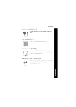 Page 131131
Accessories
Accessories
Fast travel charge (EB-BHX70US)
Li-Ion battery (EB-BSX70)
Personal handsfree (EB-EMD87)
USB and charging data cable (EB-UCX70)
Carry this wherever you go so you can always recharge your 
battery.
Double your talk time by having a spare battery.
Talk and move while keeping your hands free, by using a 
personal handsfree. Put the ear piece in your ear and the adaptor 
in the side of the handset, and talk.
Use this to connect your phone to a PC, so you can transfer data 
between...