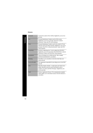 Page 138138
Glossary
Glossary
Password Used for the control of the Call Bar. Supplied by your service 
provider.
PIN Personal Identification Number used for SIM security. 
Supplied by your service provider. If the PIN is entered 
incorrectly 3 times, the PIN will be blocked.
PIN2 Personal Identification Number used for the control of Fixed 
Dial Store and Call Charge metering. Supplied by your service 
provider. If the PIN2 is entered incorrectly 3 times, the PIN2 
will be blocked.
PUK/PUK2 PIN/PIN2 Unblocking...