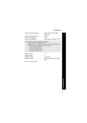 Page 145145
Specifications
Specifications
Graphics Formats Supported . . . . . . . . . . . GIF87a, GIF89, JPEG, WBMP, 
BMP, PNG
Maximum File Download Size  . . . . . . . . . . 100 Kb
Maximum File Storage . . . . . . . . . . . . . . . . 4 Mb
Audio Formats Supported  . . . . . . . . . . . . . MIDI, iMelody, AMR, SMAF, WAV
Bluetooth
® Version  . . . . . . . . . . . . . . . . . . . 1.1
Bluetooth® Class   . . . . . . . . . . . . . . . . . . . . 2
Bluetooth®  Range   . . . . . . . . . . . . . . . . . . . up to 33...