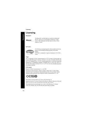 Page 148148
Licensing
Licensing
Licensing
Bluetooth®
iN-FUSiO
Tegic
T9® is a trademark of Tegic Communications Inc. T9® Text Input is licensed under one 
or more of the following: U.S. Pat Nos. 5,818,437, 5,953,541, 5,187,480, 5,945,928, and 
6,011,554; Canadian Pat No. 1,331,057; United Kingdom Pat No. 2238414B; Hong Kong 
Standard Pat. No. HK0940329; Republic of Singapore Pat No. 51383; Euro. Pat No. 0 
842 463 (969272260.8) DE/DK,FI, FR, IT, NL, PT, ES, SE, GB: and additional patents 
are pending worldwide....