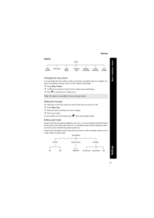 Page 4141
Settings
Settings
Alerts
Changing the ring volume
You can change the ring volume so that you can hear your phone ring. For example, in a 
noisy environment you may want to set the volume to maximum.
Select Ring Volume.
Use e to move between 0 and 4 on the volume scale and Steptone.
Press Q to select the new volume level.
Setting the ring type
Use ring type to select the sound you want to hear when you receive a call.
Select Ring Type.
Select the type of call that you want to change.
Select your...