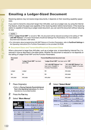Page 122122
 Chapter 5    Internet Fax
Emailing a Ledger-Sized Document
Receiving stations may not receive large documents, it depends on their recording capability (paper 
size).
If you want to transmit a document larger than A4/Letter, such as a Ledger size, by using the Internet 
Fax feature, check the paper size capability of the receiving station before transmission. If the receiving 
station is capable of receiving a Ledger-sized document, you can send the document without reducing 
its size.
zWhen “Ledger...