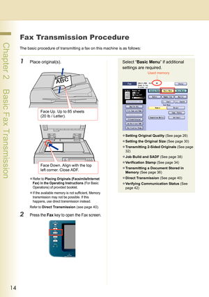 Page 1414
 Chapter 2    Basic Fax Transmission
Chapter 2
Basic Fax Transmission
Fax Transmission Procedure
The basic procedure of transmitting a fax on this machine is as follows:
1Place original(s).
zRefer to Placing Originals (Facsimile/Internet 
Fax) in the Operating Instructions
 (For Basic 
Operations) of provided booklet.
zIf the available memory is not sufficient, Memory 
transmission may not be possible. If this 
happens, use direct transmission instead.
Refer to 
Direct Transmission (see page 40)....