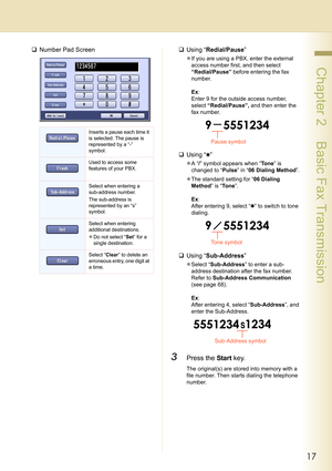 Page 1717
 Chapter 2    Basic Fax Transmission
‰Number Pad Screen‰Using “Redial/Pause” 
zIf you are using a PBX, enter the external 
access number first, and then select 
“Redial/Pause” before entering the fax 
number.
Ex: 
Enter 9 for the outside access number, 
select “Redial/Pause”, and then enter the 
fax number.
‰Using “✱” 
zA “/” symbol appears when “Tone” is 
changed to “Pulse” in “06 Dialing Method”.
zThe standard setting for “06 Dialing 
Method” is “Tone”.
Ex: 
After entering 9, select “✱” to switch to...