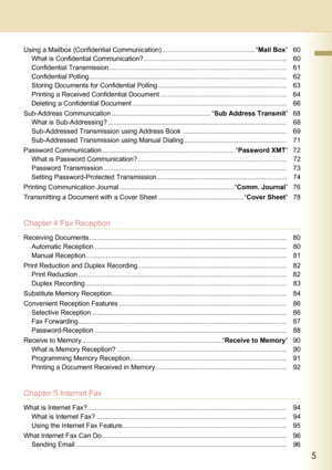 Page 55
     
Using a Mailbox (Confidential Communication) .................................................. “Mail Box”60
What is Confidential Communication?............................................................................. 60
Confidential Transmission ............................................................................................... 61
Confidential Polling .......................................................................................................... 62
Storing Documents...