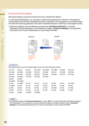 Page 8888
 Chapter 4    Fax Reception
Password-Reception
Password reception will prevent receiving fax from unauthorized stations.
To use Password Reception, you must set a 4-digit receiving password in advance. The password 
must be shared with the other compatible Panasonic machine(s). If the password in your machine does 
not match the receiving password in the other compatible Panasonic machine(s), the reception will fail.
• Password reception can be enabled by programming “44 Password-Receive” in Function...