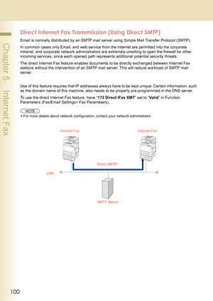 Page 100100
 Chapter 5    Internet Fax
Direct Internet Fax Transmission (Using Direct SMTP)
Email is normally distributed by an SMTP mail server using Simple Mail Transfer Protocol (SMTP).
In common cases only Email, and web service from the Internet are permitted into the corporate 
intranet, and corporate network administrators are extremely unwilling to open the firewall for other 
incoming services, since each opened path represents additional potential security threats.
The direct Internet Fax feature...