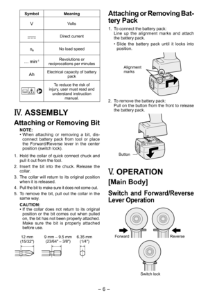 Page 6
- 6 - 

Symbol Meaning
VVolts
Direct current
n0No load speed
… min-1Revolutions or reciprocations per minutes
AhElectrical capacity of battery pack
To reduce the risk of injury, user must read and understand instruction manual.
IV.  ASSEMBLY
Attaching or Removing Bit
NOTE:
•  When  attaching  or  removing  a  bit,  dis-connect  battery  pack  from  tool  or  place the  Forward/Reverse  lever  in  the  center position (switch lock).
1.  Hold the collar of quick connect chuck and 
pull it out from the...