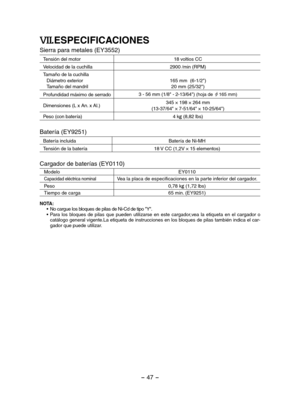 Page 47- 47 -  
VII.ESPECIFICACIONES
Sierra para metales (EY3552)
Tensión del motor18 voltios CC
Velocidad de la cuchilla2900 /min (RPM)
Tamaño de la cuchillaDiámetro exteriorTamaño del mandril165 mm  (6-1/2")20 mm (25/32")
Profundidad máximo de serrado3 - 56 mm (1/8" - 2-13/64") (hoja de V165 mm)
Dimensiones (L x An. x Al.)345 × 198 × 264 mm(13-37/64" × 7-51/64" × 10-25/64")
Peso (con batería)4 kg (8,82 lbs) 
Batería (EY9251)
Batería incluidaBatería de Ni-MH
Tensión de la batería18...