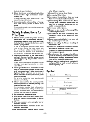 Page 6- 6 - 
blade binding and kickback.
6) Blade  depth  and  bevel  adjusting  locking levers  must  be  tight  and  secure  before making cut. If  blade  adjustment  shifts  while  cutting,  it  may cause binding and kickback.
7) Use  extra  caution  when  making  a “plunge cut”  into  existing  walls  or  other  blind areas. The protruding blade may cut objects that can cause kickback.
Safety Instructions for 
This Saw
1)  Check  lower  guard  for  proper  closing before  each  use.  Do  not  operate  the...