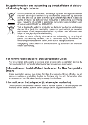 Page 25- 25 -
Brugerinformation om indsamling og bortskaffelsse af elektro-
nikskrot og brugte batterier
Disse symboler på produkter, emballage og/eller ledsagedokumenter
betyder, at brugte elektriske og elektroniske produkter og batterier
ikke må smides ud som almindeligt husholdningsaffald. Sådanne
gamle produkter og batterier skal indleveres til behandling, genvinding
resp. recycling i henhold til gældende nationale bestemmelser samt
direktiverne 2002/96/EF og 2006/66/EF.
Ved at bortskaffe sådanne produkter...