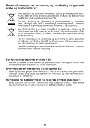 Page 31- 31 -
Brukerinformasjon om innsamling og håndtering av gammelt
utstyr og brukte batterier
Slike symboler på produkter, emballasje, og/eller på medfølgende doku-
menter betyr at brukte elektriske/elektroniske produkter og batterier ikke
må blandes med vanlig husholdningsavfall.
For riktig håndtering og  gjenvinning av gamle produkter og brukte bat-
terier, vennligst lever dem til anvendelige innsamlingssteder, i samsvar
med nasjonal lovgivning og direktivene 2002/96/EC og 2006/66/EC.
Ved riktig...