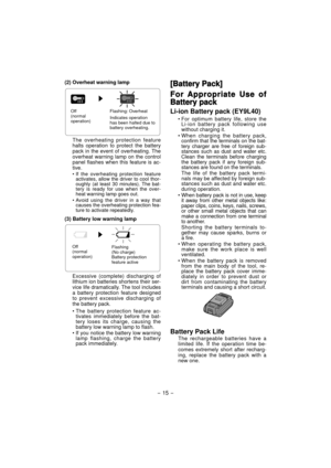 Page 15- 15 -  
(2) Overheat warning lamp
Off 
(normal 
operation)Flashing: Overheat
Indicates operation 
has been halted due to 
battery overheating.
The overheating protection feature 
halts operation to protect the battery 
pack in the event of overheating. The 
overheat warning lamp on the control 
panel flashes when this feature is ac-
tive.
• If the overheating protection feature 
activates, allow the driver to cool thor-
oughly (at least 30 minutes). The bat-
tery is ready for use when the over-
heat...
