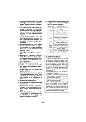 Page 24- 24 - 
5) Noubliez pas que cette perceuse 
est toujours en état de fonctionner 
puisquelle est alimentée par batte-
rie.
6) Utilisez toujours des lunettes ou 
masques faciales de protection 
avec blindages latéraux. Les lunet-
tes de vue ou de soleil ordinaires 
NE sont PAS des lunettes de pro-
tection.
7) Lorsque vous utilisez cet outil 
pour couper du bois dans des zo-
nes confinées (dans une salle par 
exemple), mettez un masque anti-
poussière.
8) Evitez de couper les clous. Avant 
dutiliser loutil,...