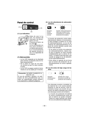 Page 50- 50 - 
Panel de controlPanel de control
(1)
(3)
(2)
(1) Luz indicadora
Antes de usar la luz 
LED, tire siempre del 
interruptor de alimen-
tación una vez.
Presione el botón de 
luz LED 
.
La luz se enciende con 
muy poca corriente y 
no afecta adversamen-
te el funcionamiento 
del aparato durante el 
uso o la capacidad de 
la batería.
 PRECAUCIÓN:
La luz LED integrada se ha diseñado 
para iluminar la pequeña área de tra-
bajo temporalmente.
No la utilice en lugar de una linter-
na normal ya que no tiene...