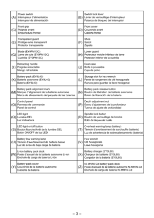 Page 3
- 3 -  

(A)Power switchInterrupteur d’alimentationInterruptor de alimentación(B)Switch lock leverLevier de verrouillage d’interrupteurPalanca de bloqueo del interruptor
(C)Front gripPoignée avantEmpuñadura frontal(D)Front coverCouvercle avantCubierta frontal
(E)Transparent guardProtège-lame transparentProtector transparente(F)ShoeSabotZapata
(G)Blade (EY9PM13C)Lame de scie (EY9PM13C)Cuchilla (EY9PM13C)(H)Lower guardProtecteur mobile inférieur de lameProtector inferior de la cuchilla
(I)Retracting...