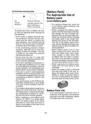 Page 14-14- 
(2) Overheat warning lamp
Off  
(normal  
operation) Flashing: Overheat 
Indicates operation has 
been halted due to 
battery overheating. 
To protect the motor or battery, be sure 
to note the following when carrying out 
this operation.
If the motor or battery becomes hot, 
the protection function will be acti-
vated and the motor or battery will

 
stop operating. The overheat warning 
lamp on the control panel illuminates 
or flashes when this feature is active.
If the overheating protection...