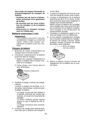 Page 31-31- 
Pour éviter les risques dincendie ou 
dendommagement du chargeur de 
batterie.Nutilisez pas de source dalimen-
tation provenant dun générateur
  
de moteur.
Ne bouchez pas les trous daéra-
tion du chargeur et de la batterie 
autonome.
Débranchez le chargeur lorsque 
vous ne lutilisez pas.
Batterie autonome Li-ion
REMARQUE:Votre batterie autonome nest pas 
complètement chargée au moment de 
lachat. Veillez à bien charger com-
plètement la batterie avant son utili-
sation.
Chargeur de batterie
1....