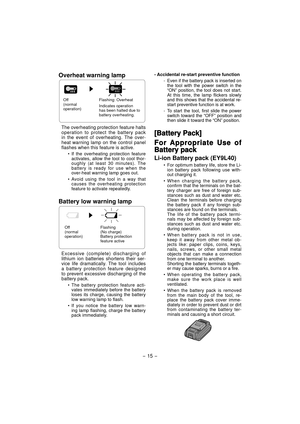 Page 15- 15 -  
Overheat warning lamp
Off 
(normal 
operation)Flashing: Overheat
Indicates operation 
has been halted due to 
battery overheating.
The overheating protection feature halts 
operation to protect the battery pack 
in the event of overheating. The over-
heat warning lamp on the control panel 
flashes when this feature is active.
• If the overheating protection feature 
activates, allow the tool to cool thor-
oughly (at least 30 minutes). The 
battery is ready for use when the 
over-heat warning...